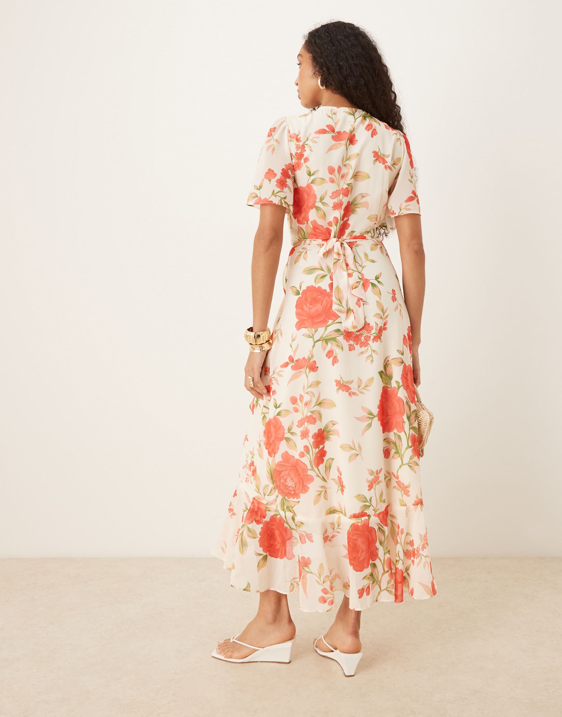 yas wrap front fluted sleeve chiffon maxi dress in cream rose print