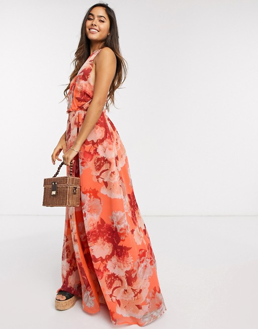 Y.A.S wrap front maxi dress in coral bold floral