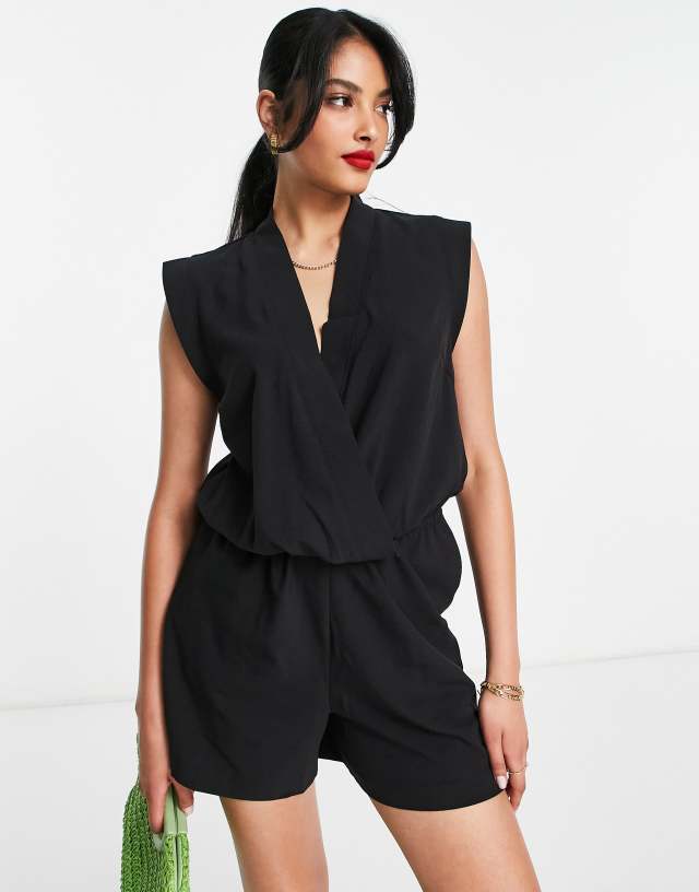 Y.A.S wrap front romper in black