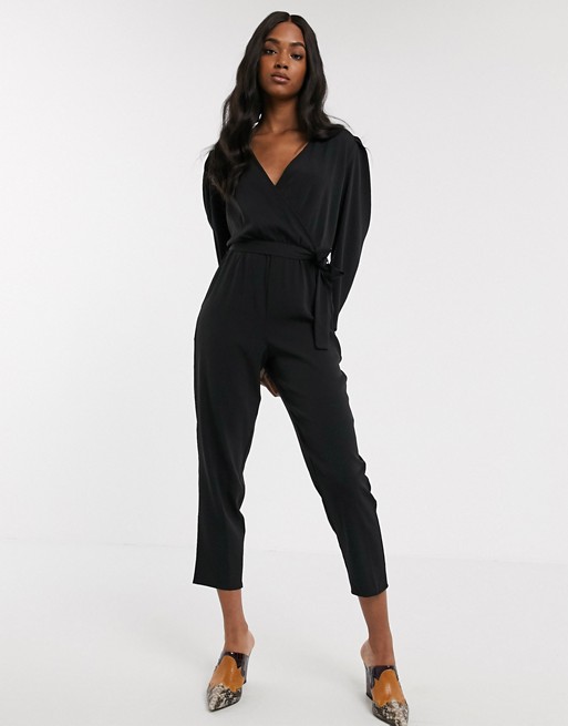 Y.A.S wrap jumpsuit with gathered sleeves in black