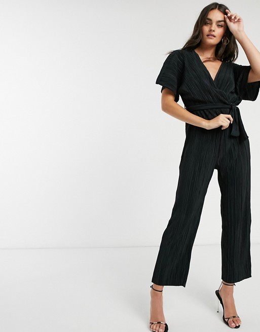 Y.A.S wrap jumpsuit with kimono sleeve in black plisse