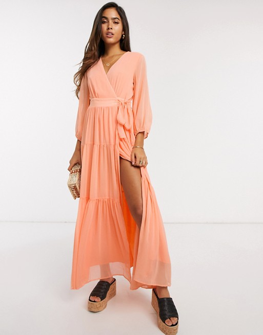 Y.A.S wrap maxi dress with open back in peach