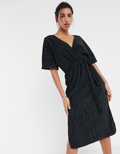 Y.A.S wrap midi dress in plisse with kimono sleeve in black