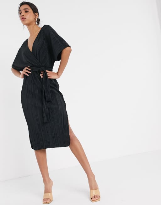 embargo zelf Verbonden Y.A.S wrap midi dress in plisse with kimono sleeve in black | ASOS