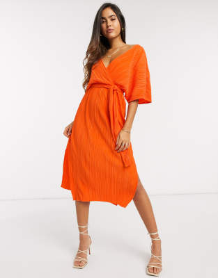 orange wrap midi dress