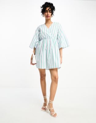 Y.A.S wrap tie mini dress in green stripe-Multi
