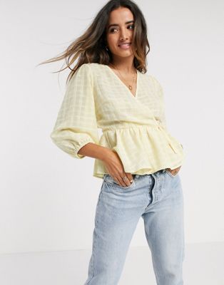 Y.A.S wrap top with pephem in yellow check | ASOS