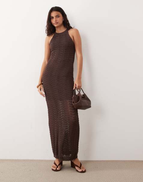 YAS zigzag crochet high neck sleeveless maxi dress in chocolate - view 1