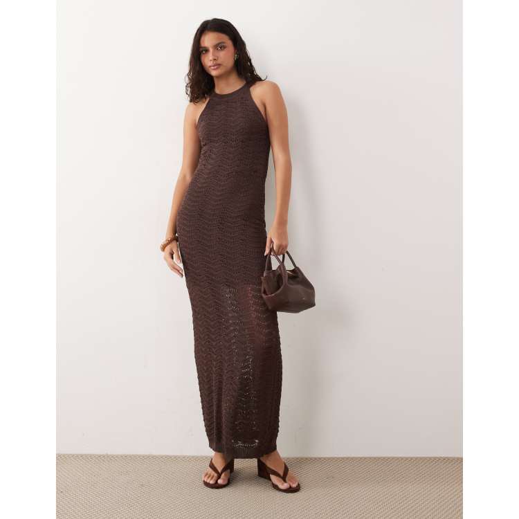 YAS zigzag crochet high neck sleeveless maxi dress in chocolate