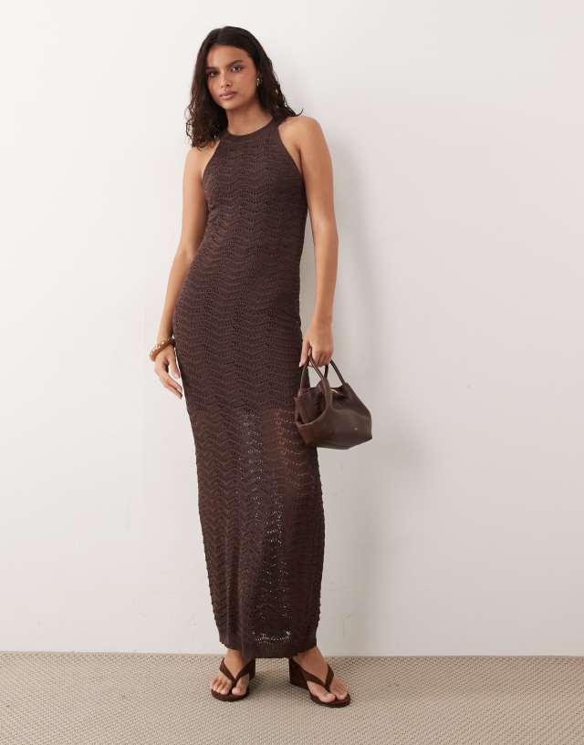 YAS zigzag crochet high neck sleeveless maxi dress in chocolate | ASOS