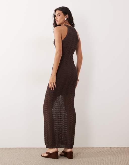 YAS zigzag crochet high neck sleeveless maxi dress in chocolate, 3 of 4