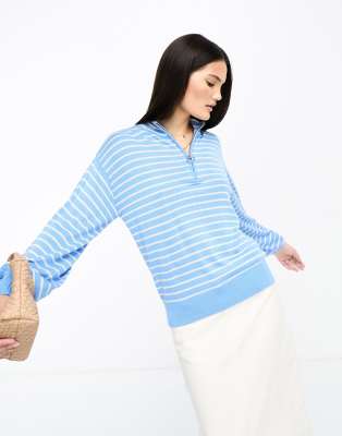 YAS Y.A.S zip neck jumper in blue stripe