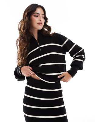 zip neck knit sweater in black with cream stripes - part of a set