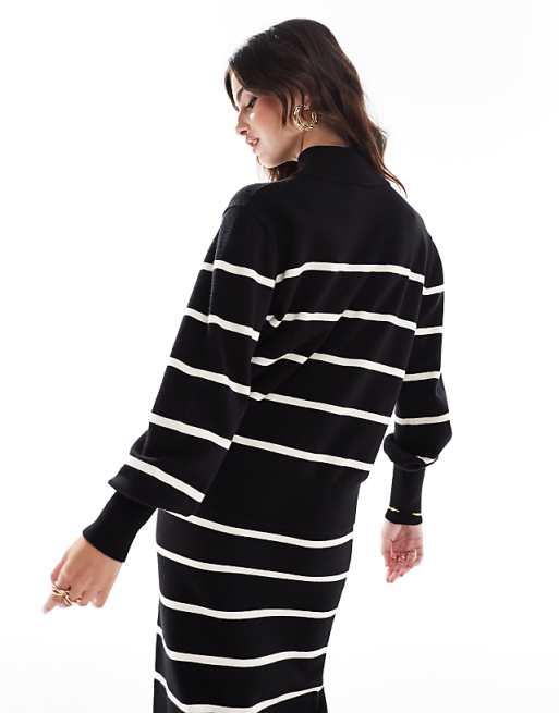 YAS zip neck knit sweater in black with cream stripes - part YAS zip neck knit sweater in black with cream stripes - part