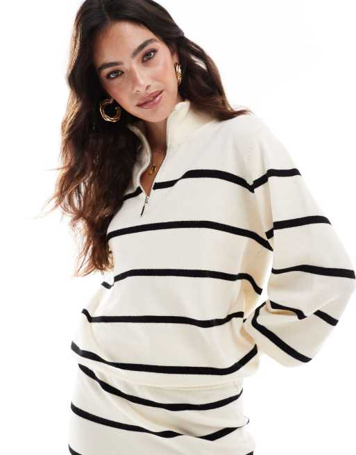 YAS zip neck knit sweater in cream and black stripes - part of a set