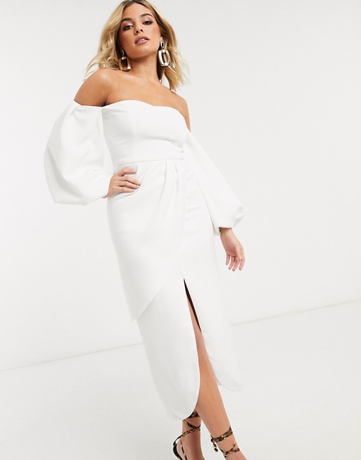 Yaura balloon sleeve midi dress with split in white