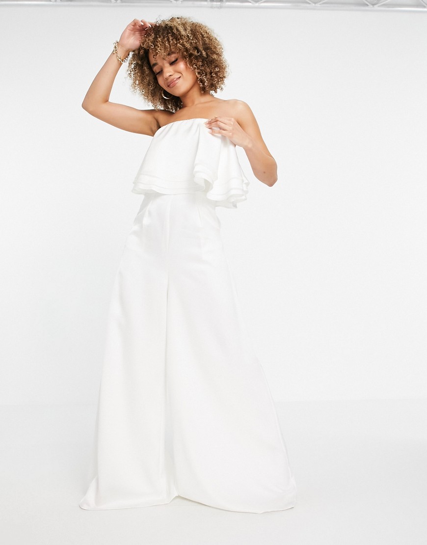 Yaura bandeau double layer wide leg jumpsuit in ivory-White