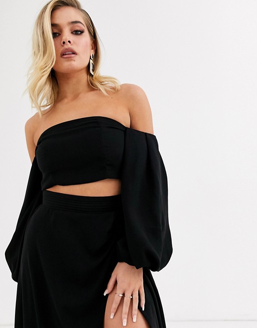 Yaura bandeau top with balloon sleeve co ord in black