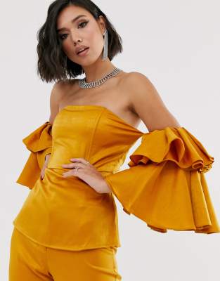 Yaura bandeau top with ruffle sleeve in gold