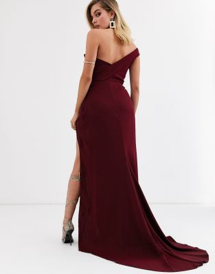 bardot thigh split maxi dress