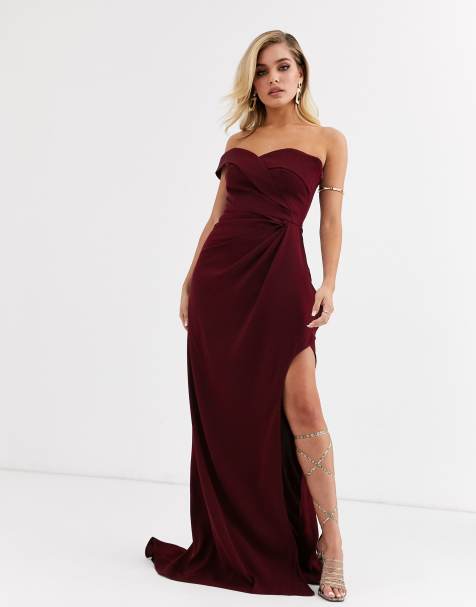 Yaura – Bardot-Maxikleid mit Beinschlitz in Weinrot