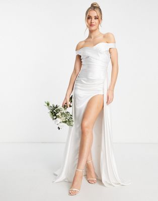 Bridal Bardot drape maxi dress in ivory-White