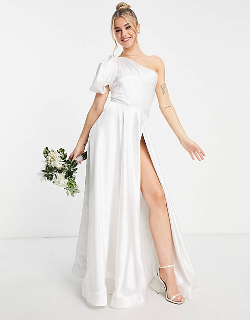 Yaura Bridal one shoulder balloon sleeve full gown in ivory
