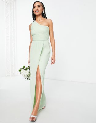 Yaura Yaura Bridesmaid drape one shoulder maxi dress in sage-Green
