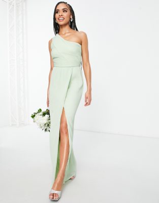 Yaura Bridesmaid Drape One Shoulder Maxi Dress In Sage-green