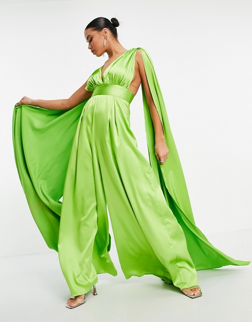 Yaura cape detail wide leg plunge jumpsuit in lime green