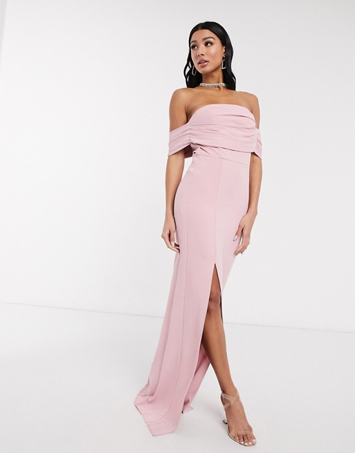 Yaura column maxi dress with pleat off shoulder detail in blush
