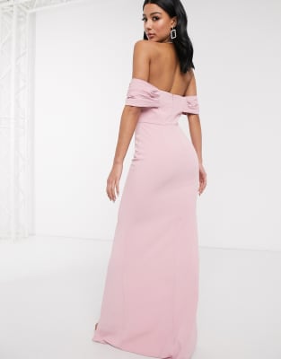 blush pink off the shoulder maxi dress
