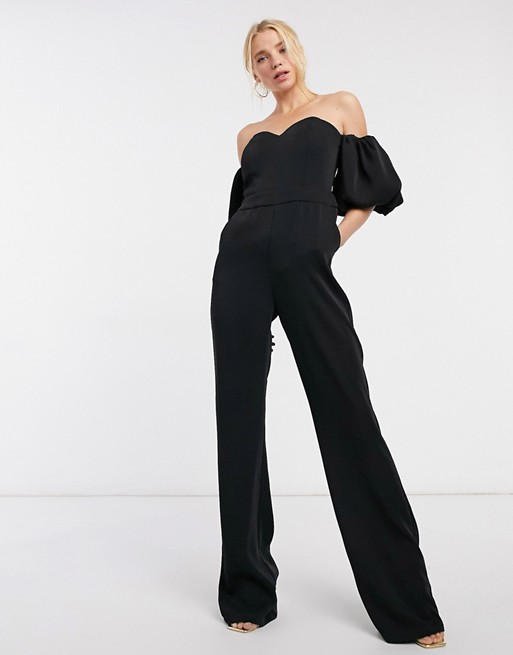 Yaura corset detail balloon sleeve fitted jumpsuit in black