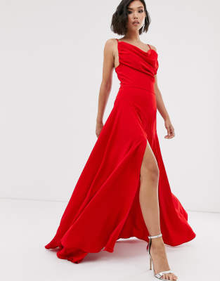 red cowl neck maxi dress
