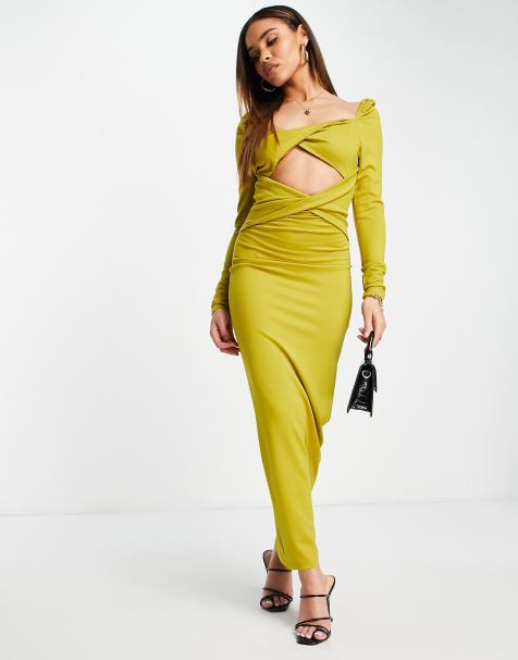 Yaura cut out twist front bodycon midaxi dress in ochre