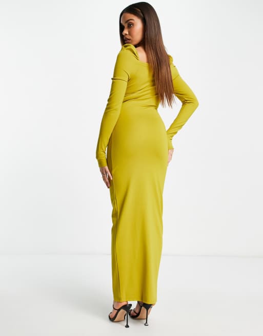 Yaura cut out twist front bodycon midaxi dress in ochre, 4 of 4