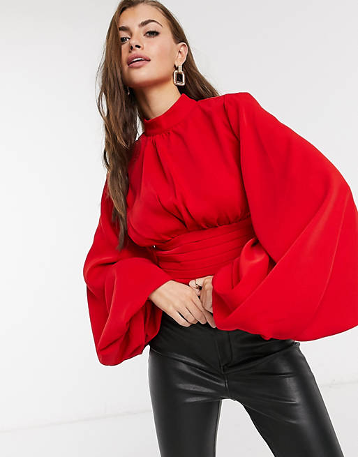 Yaura high neck fitted lantern sleeve top in fiery red