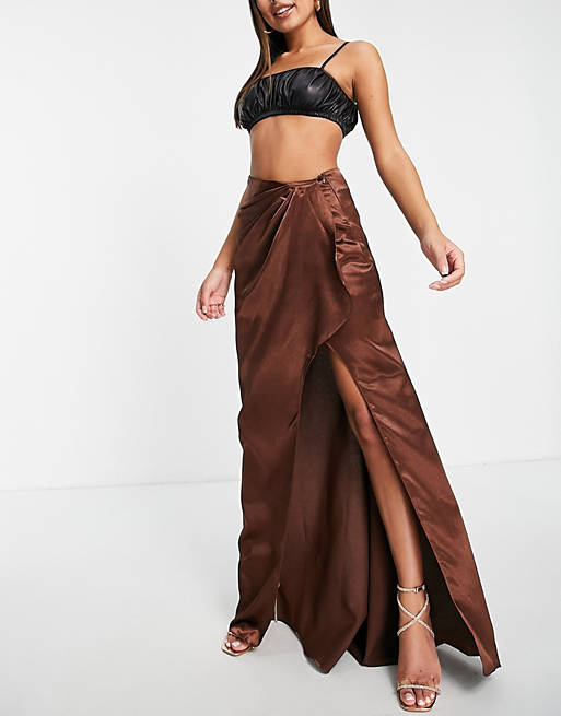 Yaura high waist split maxi skirt co-ord in chocolate brown