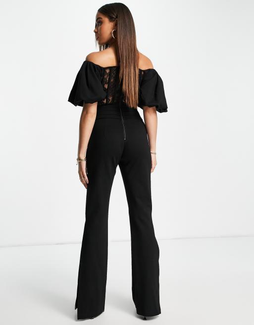 Yaura – Jumpsuit in Schwarz mit Korsettoberteil mit Spitze und Puffärmeln, 2 von 4