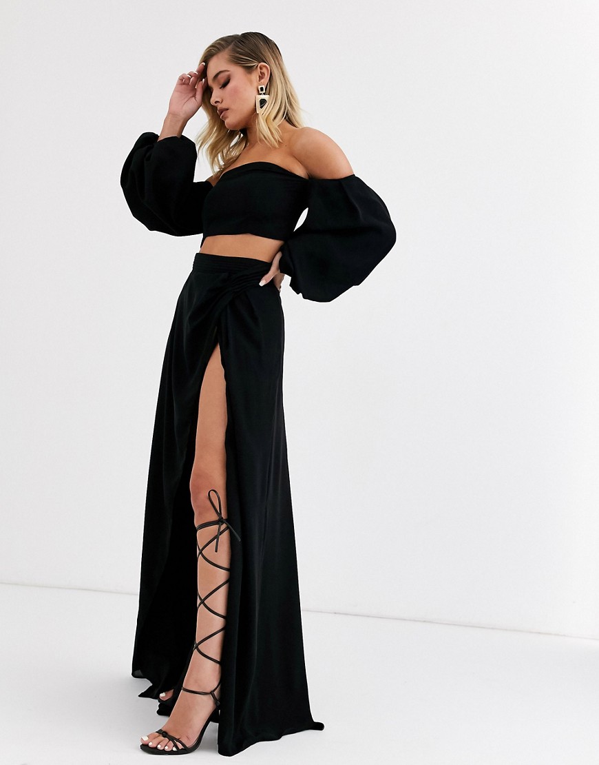 Yaura - Lange rok met hoge taille en split in zwart combi-set