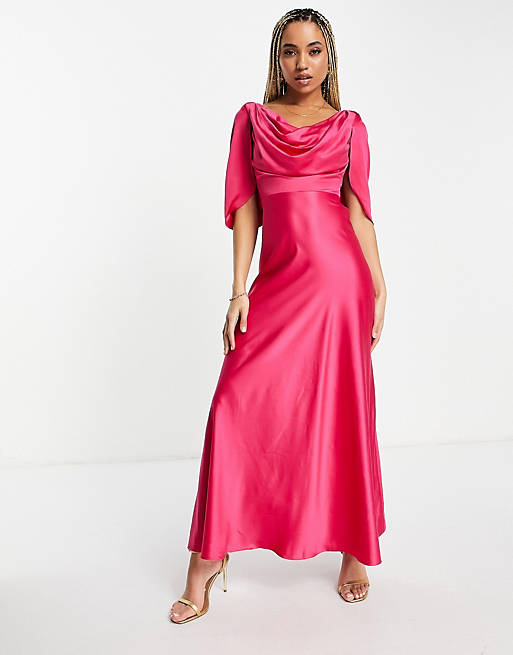 Yaura - Maxi-jurk met lage hals en drapering in roze