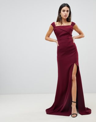 Yaura off shoulder thigh split maxi dress in maroon-Red