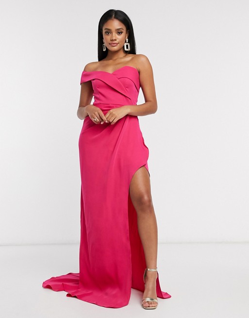 Yaura one shoulder bardot maxi dress in fuchsia pink