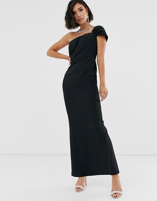 Yaura one shoulder bardot sleek maxi dress in black