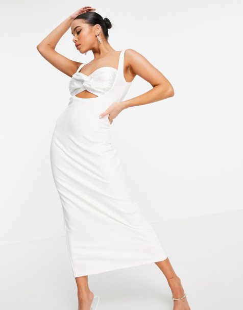 Yaura peekaboo twist bust satin midi dress with thigh split in ivory - view 1