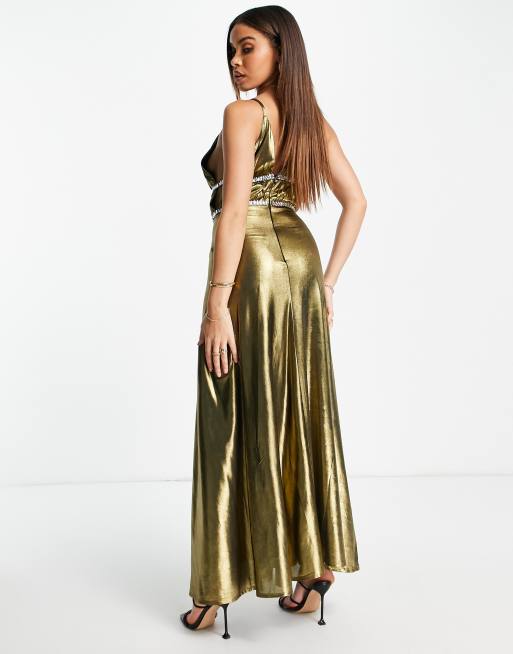 Yaura plunge crystal banding maxi dress in liquid gold, 2 of 4
