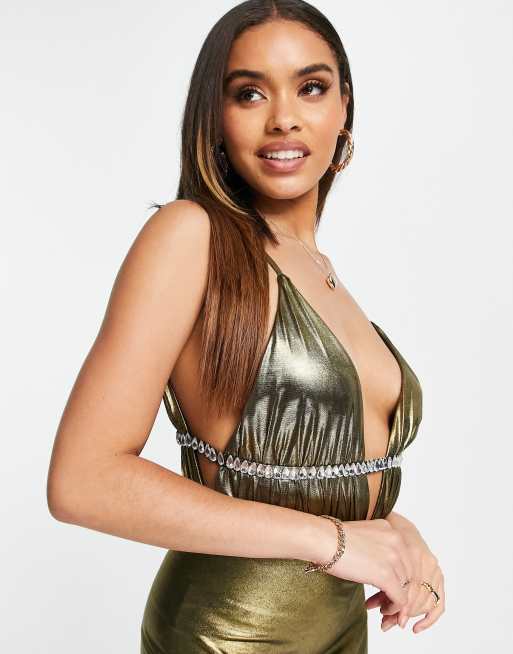 Yaura plunge crystal banding maxi dress in liquid gold, 3 of 4