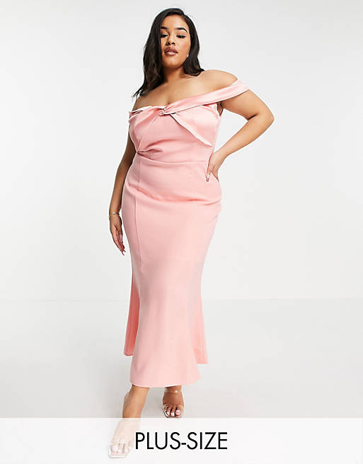 Yaura Plus bardot column midaxi dress in pink