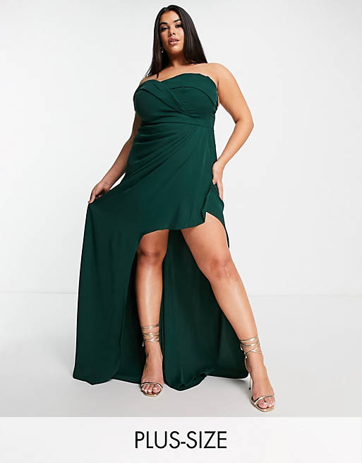 Yaura Plus bardot high low maxi dress in emerald green