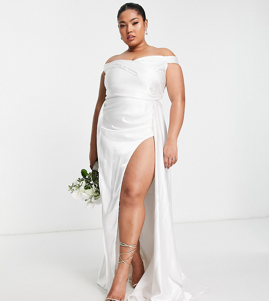 Bridal bardot drape maxi dress in ivory-White